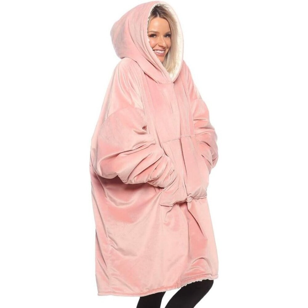 Women Blush Sherpa Lined Microfiber Fleece Oversized Design Wearable Blanket